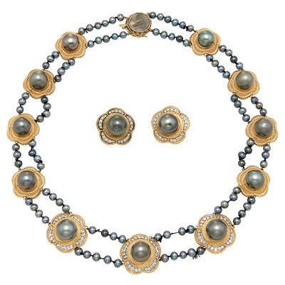 Lot 163 - Double Strand Gray Freshwater and Cultured Pearl, Gold and Diamond Necklace and Pair of Earclips