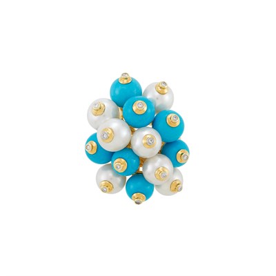 Lot 377 - Gold, Turquoise Bead, Cultured Pearl and Diamond Cluster Ring