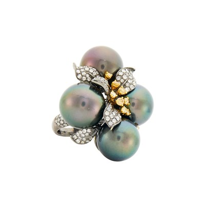Lot 60 - Blackened White Gold, Black Cultured Pearl and Diamond Ring
