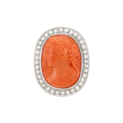Lot 370 - Platinum, Coral Cameo and Diamond Brooch
