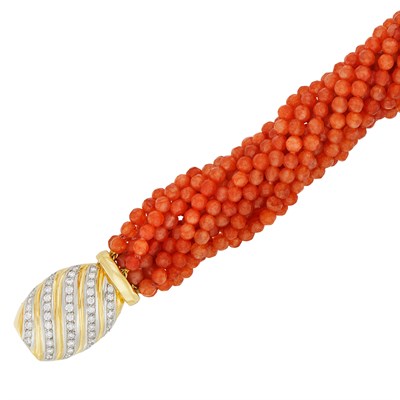Lot 319 - Multistrand Agate Bead Torsade Bracelet with Gold and Diamond Clasp
