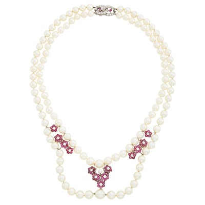 Lot 161 - Double Strand Cultured Pearl, White Gold, Ruby and Diamond Necklace