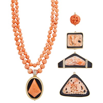 Lot 322 - Double Stand Angel Skin Coral Bead Necklace with Two-Color Gold, Coral, Black Onyx and Diamond Enhancer and Four Pendants