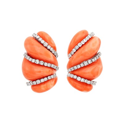 Lot 323 - Pair of Carved Coral, White Gold and Diamond Earclips
