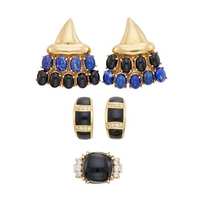 Lot 300 - Pair of Gold, Lapis and Black Onyx Cornucopia Earclips with Interchangeable Garnets, Black Onyx and Diamond Ring and Earclips