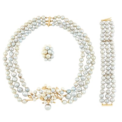 Lot 335 - Triple Strand Semi-Baroque Gray Cultured Pearl Necklace, Bracelet and Cluster Ring