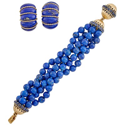 Lot 213 - Pair of Gold and Lapis Shrimp Earclips and Multistrand Lapis Bead Torsade Bracelet with Gold and Sapphire Clasp