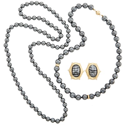 Lot 277 - Two Hematite Bead and Gold Necklaces and Pair of Gold and Hematite Earclips