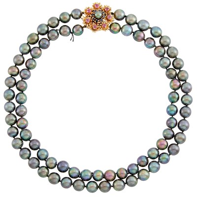 Lot 331 - Double Strand Dyed Black Cultured Pearl Necklace with Gold, Pearl, Ruby and Sapphire Flower Clasp