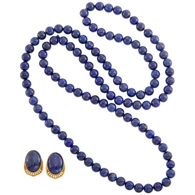 Lot 203 - Long Lapis Bead Necklace and Pair of Gold, Lapis and Diamond Earclips