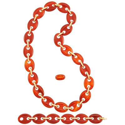 Lot 407 - Carnelian and Gold Link Necklace, Bracelet and Ring