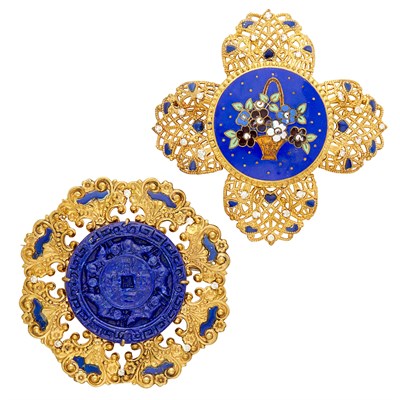 Lot 293 - Two Large Silver-Gilt, Carved Lapis, Diamond and Enamel Brooches