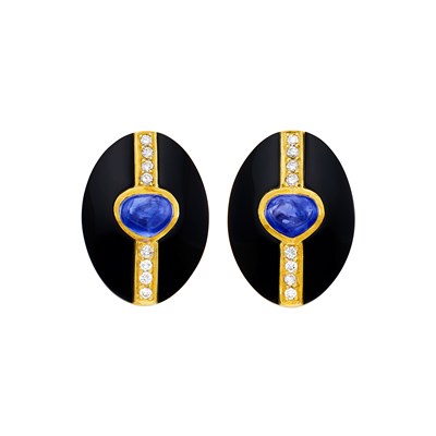 Lot 74 - Pair of Black Onyx, Gold, Cabochon Sapphire and Diamond Earclips