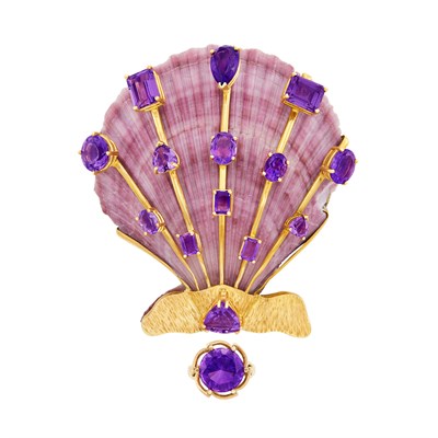 Lot 255 - Gold, Purple Shell and Amethyst Brooch and Ring