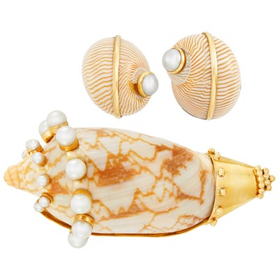 Lot 351 - Gold, Shell and Cultured Pearl Clip-Brooch and Pair of Silver, Shell and Cultured Pearl Earclips