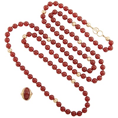 Lot 343 - Long Carnelian and Gold Bead Necklace and Ring