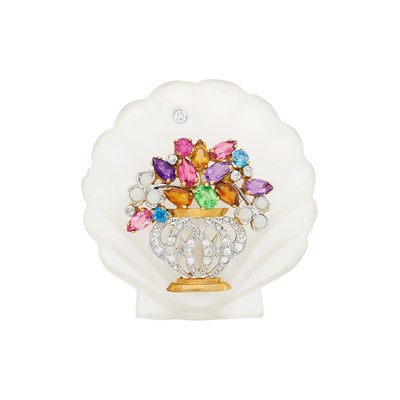 Lot 254 - White and Yellow Gold, Carved Frosted Rock Crystal, Colored Stone and Diamond Shell Brooch