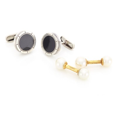 Lot 1355 - Pair of Gold and Cultured Pearl Cufflinks, Cartier, and Pair of Silver and Black Onyx Cufflinks, Bulgari