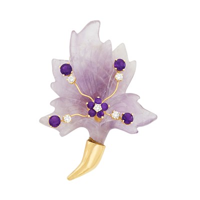 Lot 246 - Gold, Carved Amethyst, Amethyst and Diamond Leaf Brooch