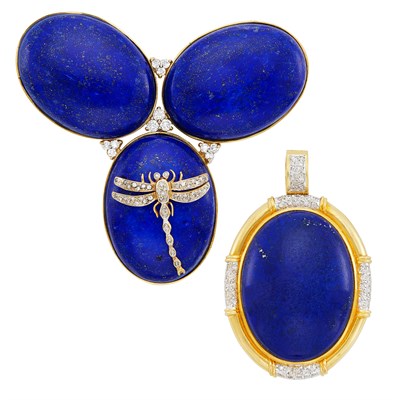 Lot 201 - Gold, Lapis and Diamond Brooch and Pendant