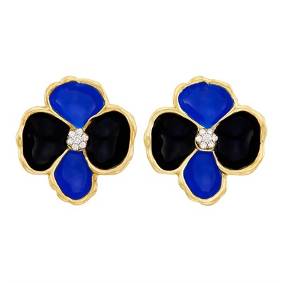 Lot 218 - Pair of Gold, Enamel and Diamond Flower Earclips
