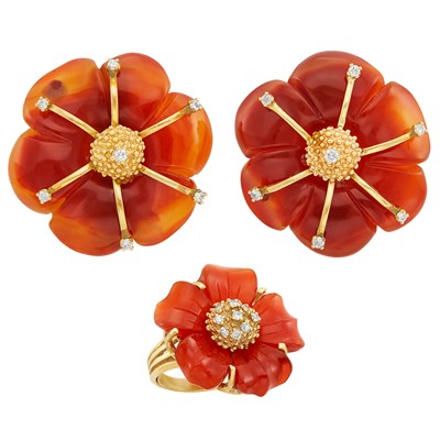 Lot 348 - Pair of Gold, Carved Carnelian and Diamond Flower Earclips and Ring