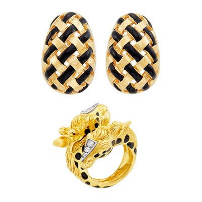 Lot 1 - Gold, Black Enamel and Diamond Double Giraffe Ring and Pair of Dome Earclips