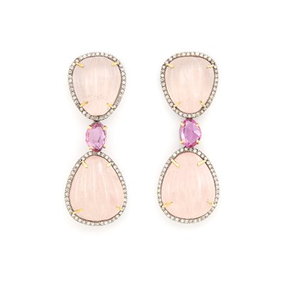 Lot 1174 - Blackened Gold, Carved Morganite and Pink Sapphire Earrings