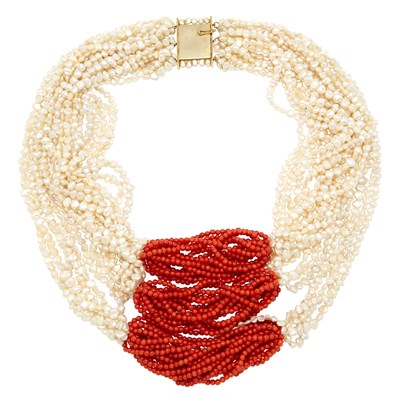 Lot 357 - Triple Swag Multistrand Freshwater Pearl and Coral Bead Necklace