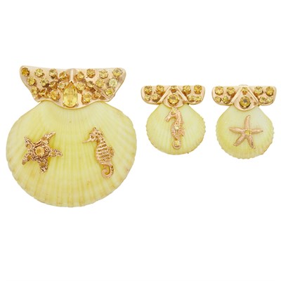 Lot 384 - Pair of Gold, Yellow Shell and Citrine Earclips and Brooch