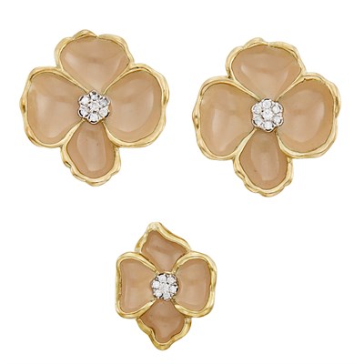 Lot 395 - Pair of Gold, Tan Enamel and Diamond Flower Earclips and Ring