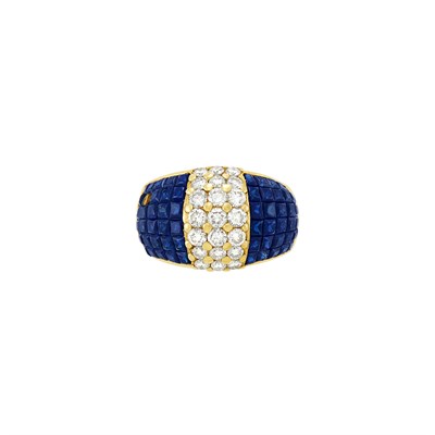 Lot 276 - Gold, Invisibly-Set Sapphire and Diamond Bombé Ring