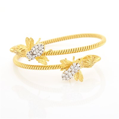 Lot 1107 - Gold and Diamond Serpent and Insect Crossover Bangle Bracelet