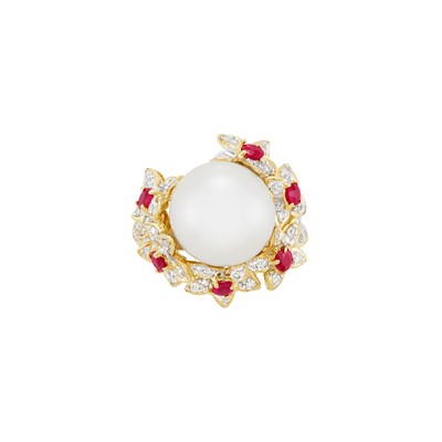 Lot 178 - Gold, South Sea Cultured Pearl, Ruby and Diamond Flower Ring