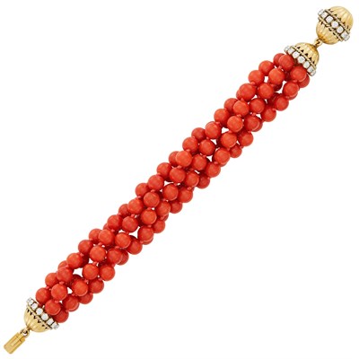 Lot 355 - Five Strand Coral Bead, Gold and Diamond Torsade Bracelet