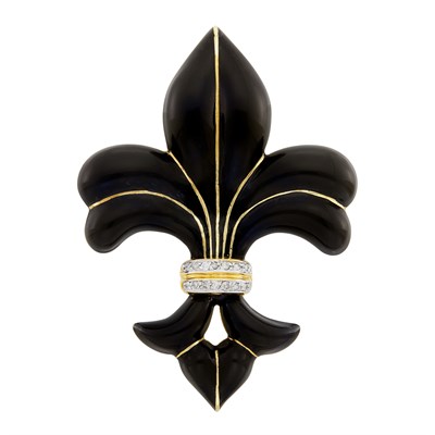 Lot 18 - Gold, Black Enamel and Diamond Fleur-de-Lys Brooch
