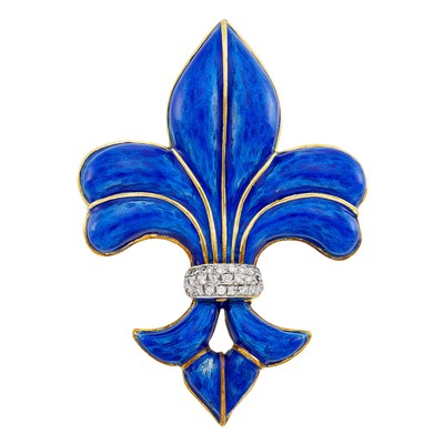 Lot 297 - Two-Color Gold, Blue Enamel and Diamond Fleur-de-Lys Brooch