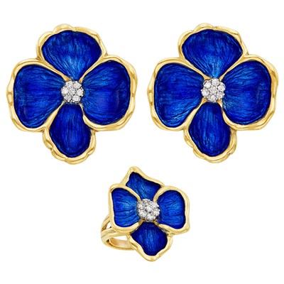 Lot 206 - Pair of Gold, Blue Enamel and Diamond Flower Earclips and Ring