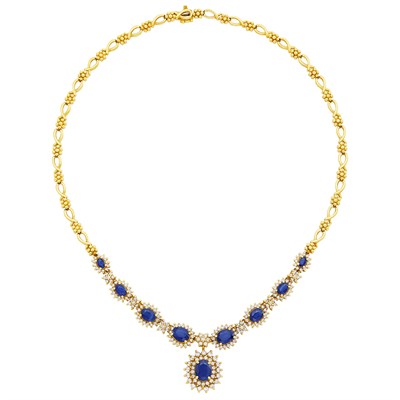 Lot 182 - Gold, Sapphire and Diamond Pendant-Necklace