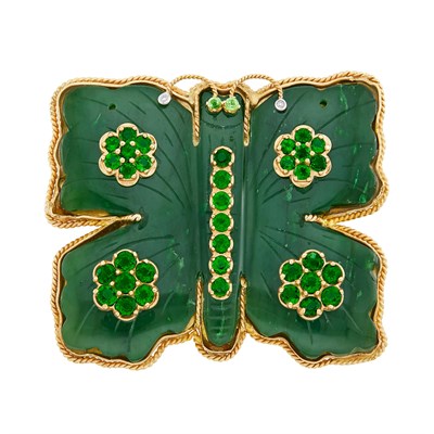 Lot 308 - Gold, Carved Nephrite, Green Garnet and Diamond Butterfly Brooch