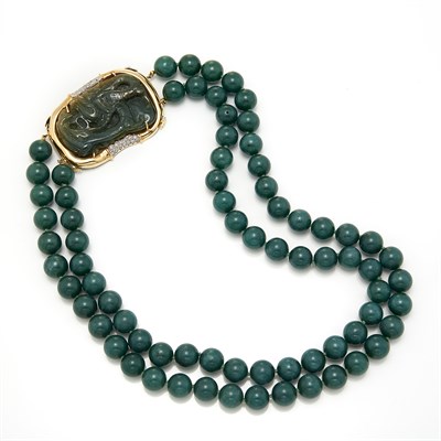 Lot 314 - Double Strand Nephrite Bead Necklace with Carved Nephrite, Gold and Diamond Clasp/Brooch