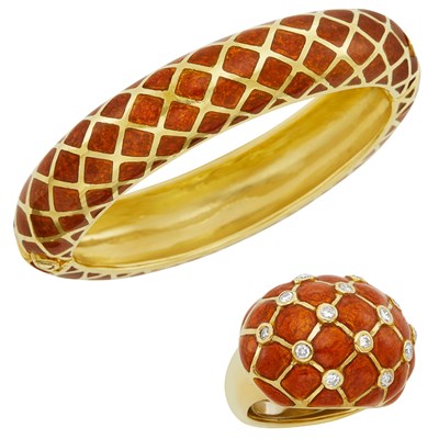 Lot 97 - Gold and Orange Enamel Bangle Bracelet and Orange Enamel and Diamond Dome Ring