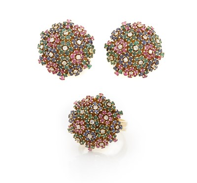 Lot 1455 - Pair of Gold, Colored Stone and Diamond Floret Cluster Earclips and Ring