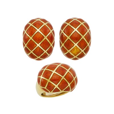 Lot 349 - Pair of Gold and Orange Enamel Bombé Earclips and Ring