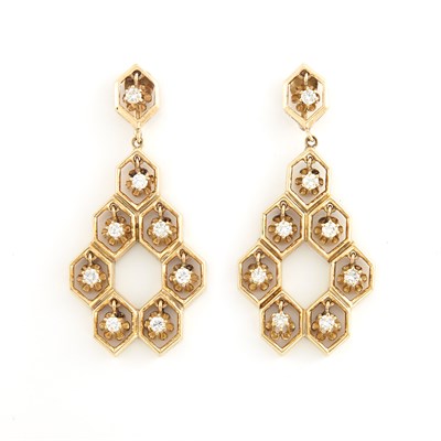 Lot 1607 - Pair of Gold and Diamond Pendant-Earrings