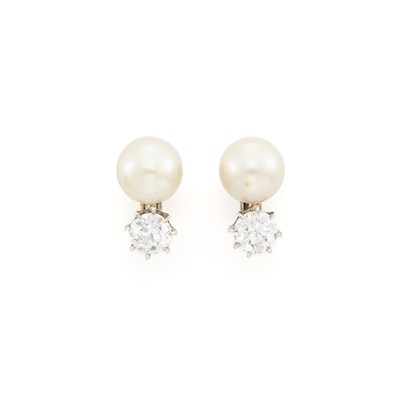 Lot 1234 - Pair of White Gold, Cultured Pearl and Diamond Earclips