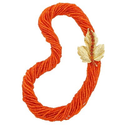 Lot 414 - Multistrand Fire Opal Bead Torsade Necklace with Gold and Citrine Leaf Clasp