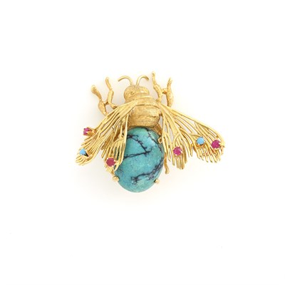 Lot 1133 - Gold, Turquoise and Ruby Bee Pin