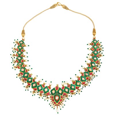 Lot 261 - Indian Gold, Jaipur Enamel, Pearl, Foil-Backed Ruby and Diamond Fringe Necklace, David Webb