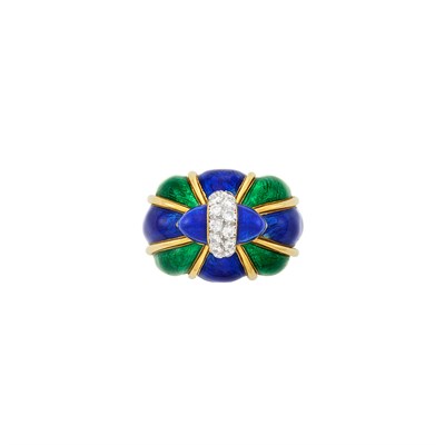 Lot 246 - Gold, Platinum, Blue and Green Enamel and Diamond Dome Ring, David Webb